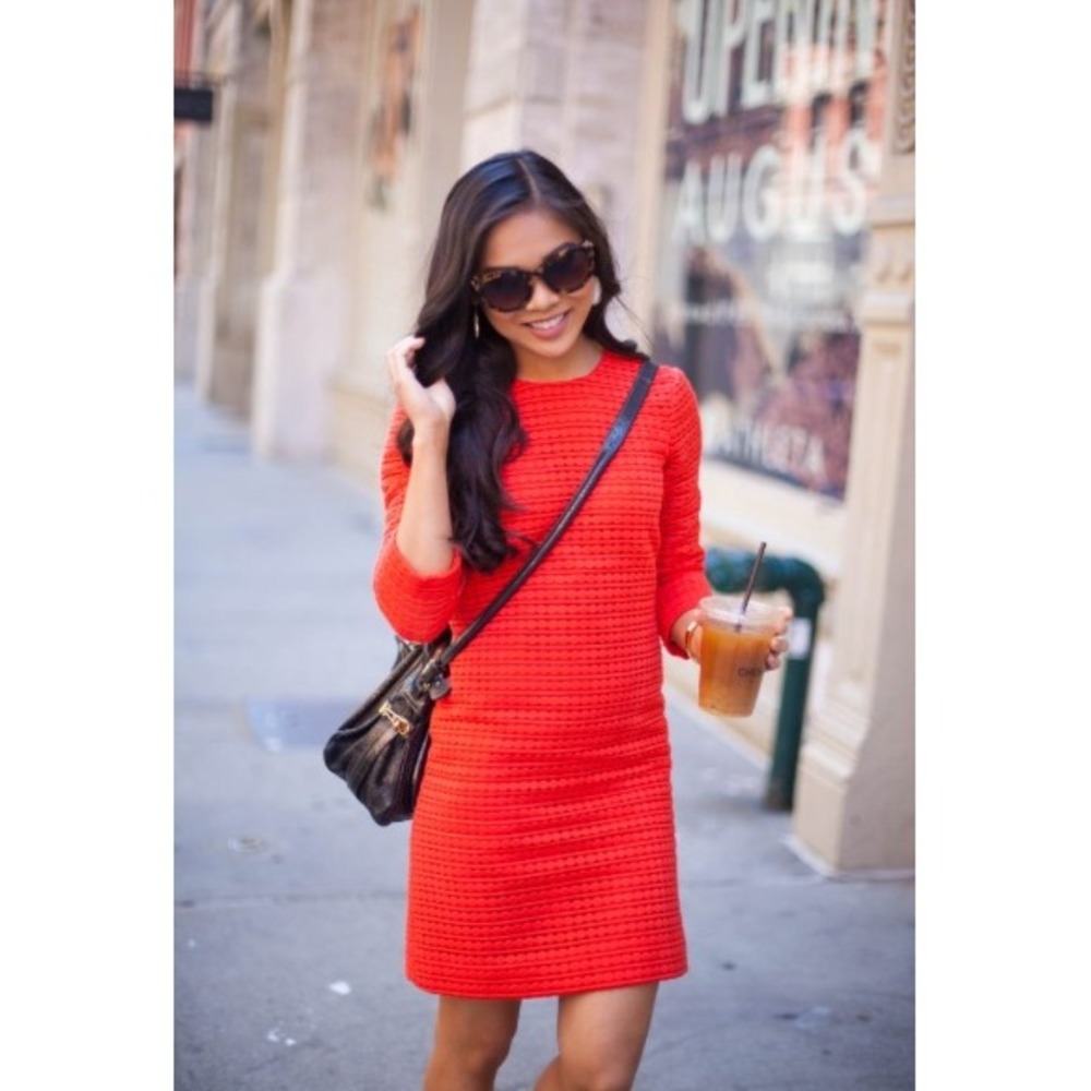 Kate Spade Shift Dress 8 Orange Textured Eyelet Mod Preppy Workwear